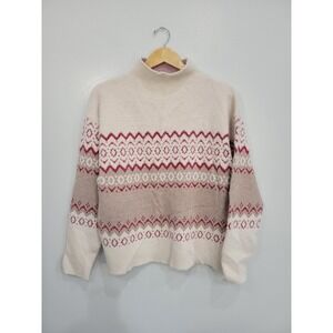 Tahari Womens Fair Isle Mock Neck Eyelash Knit Sweater Cream Red L NEW